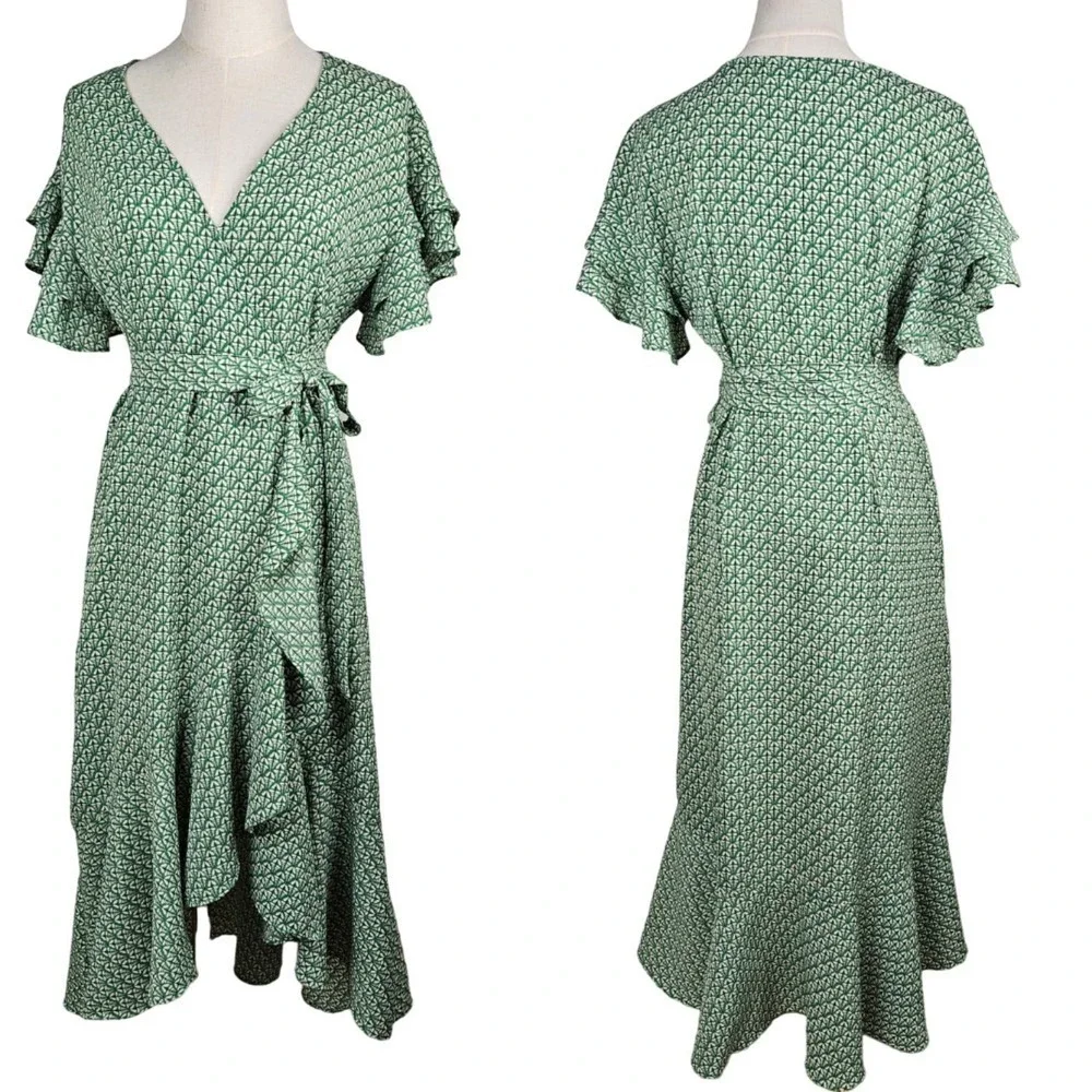 Max Studio Ruffle Trim Wrap Midi Dress S Green‎ Print Crepe V-Neck